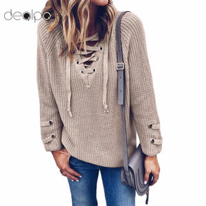 V Neck Knitted Lace-up Sweater Striped for Women