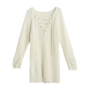 V Neck Knitted Lace-up Sweater Striped for Women