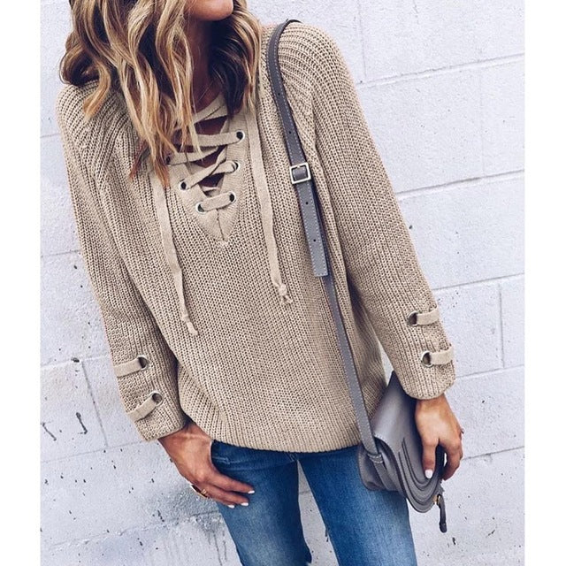 V Neck Knitted Lace-up Sweater Striped for Women