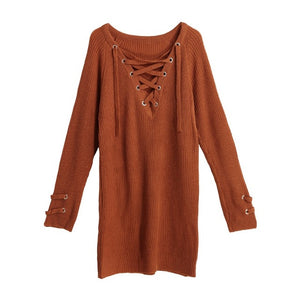 V Neck Knitted Lace-up Sweater Striped for Women